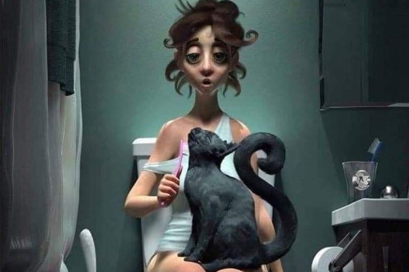 Femme aux WC accompagnée de son chat
