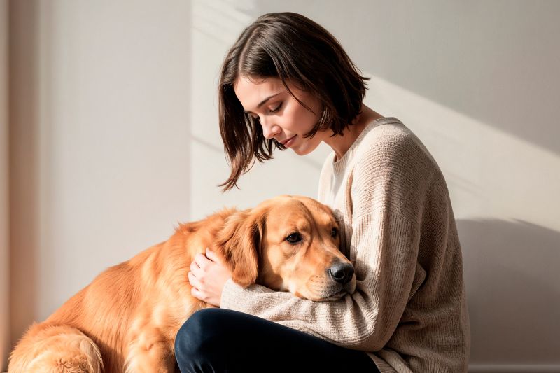 Une femme avec un chien, partageant un moment émotionnel intime. Comme si l'animal était l'éponge de ses sentiments humains.