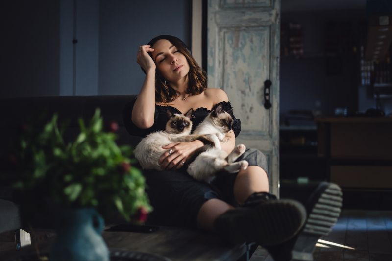 femme avec deux chats sur ses genoux. Les chats semblent lui apporter un moment de réconfort, comme étant des éponges émotionnelles
